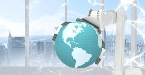 White robot claw with globe against white interface against window and skyline Illustrazione stock