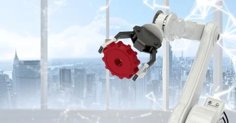 White robot claw holding red cog against white interface and window with skyline Stock Illustration