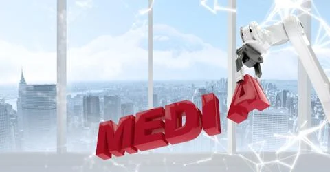 White robot claw holding red letters against white interface and window with Stock Illustration