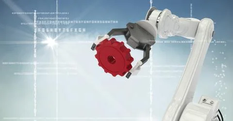 White robot claw red cog against white interface, cloud, flare and blue Stock-Illustration