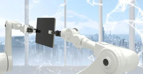 White robot claws with device against white interface and window with skyline Ilustração Stock
