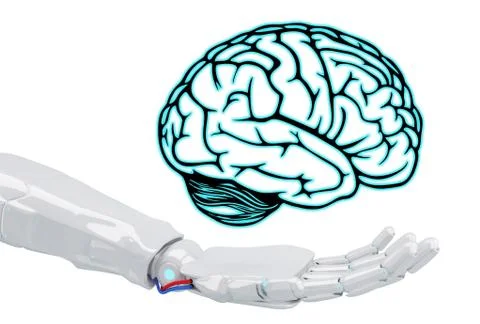 White robot hand holding virtual brain. Stock Illustration