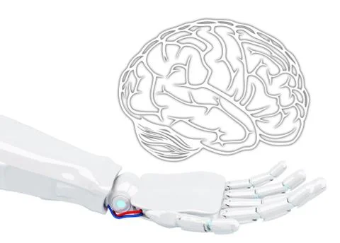 White robot hand holding virtual brain. Stock Illustration