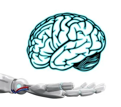 White robot hand holding virtual brain. Stock Illustration