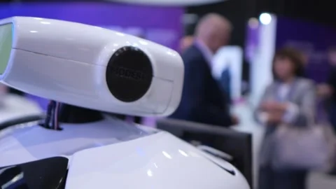 White robot head, camera, sensor Stock Footage 344988873