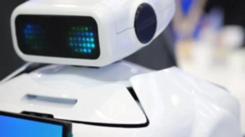 White robot head with pixelated eyes Stock Footage 344674515