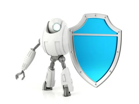 White robot holding blue shield Stock Illustration