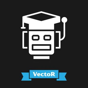 White Robot icon isolated on black background. Artificial intelligence, machine Illustrazione stock