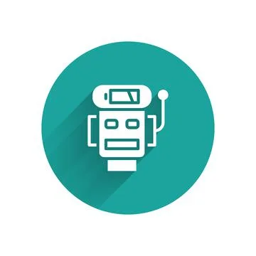 White Robot low battery charge icon isolated with long shadow. Artificial Illustrazione stock