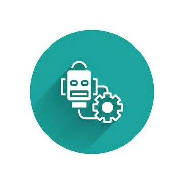 White Robot setting icon isolated with long shadow. Artificial intelligence Illustrazione stock