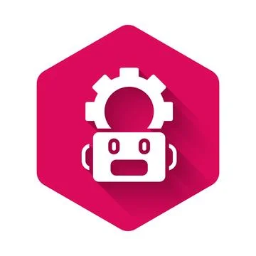 White Robot setting icon isolated with long shadow background. Artificial i.. Stock Illustration