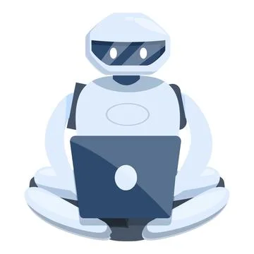 White robot is sitting cross legged using a laptop Stock Illustration
