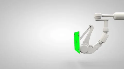 White robotic arm hold and moving green screen Stock Footage 81994494