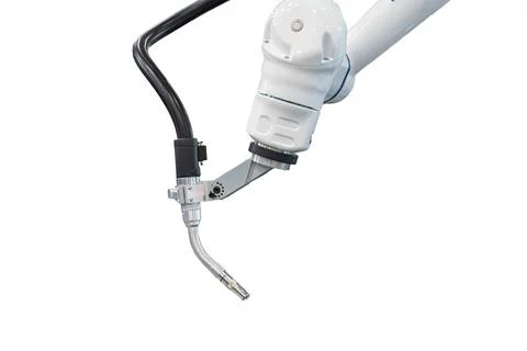 White robotic arm with precision tool, flexible hose attachment, metallic c.. Stock Photos