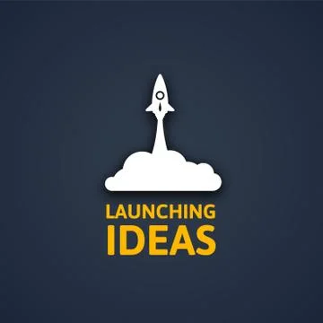 White rocket and cloud, icon in flat style isolated on dark background, conce Illustrazione stock