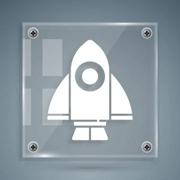 White Rocket ship icon isolated on grey background. Space travel. Square glass Stock Illustration