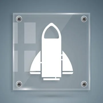 White Rocket ship icon isolated on grey background. Space travel. Square glass Stock Illustration