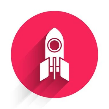 White Rocket ship icon isolated with long shadow. Space travel. Red circle Stock Illustration