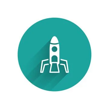 White Rocket ship icon isolated with long shadow. Space travel. Green circle Stock Illustration