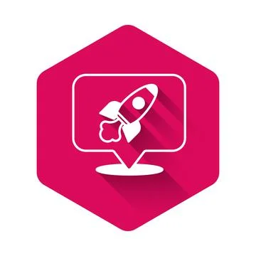 White Rocket ship icon isolated with long shadow background. Space travel. Pink Illustrazione stock