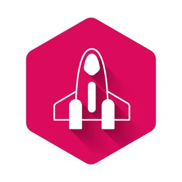 White Rocket ship icon isolated with long shadow background. Space travel. Pink Illustrazione stock