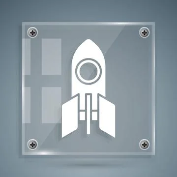 White Rocket ship icon isolated on grey background. Space travel. Square glass Illustrazione stock