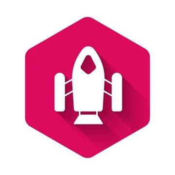 White Rocket ship icon isolated with long shadow background. Space travel. Pink Ilustración de archivo