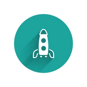 White Rocket ship icon isolated with long shadow. Space travel. Green circle Stock Illustration