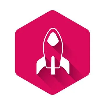White Rocket ship icon isolated with long shadow background. Space travel. Pink Stock Illustration