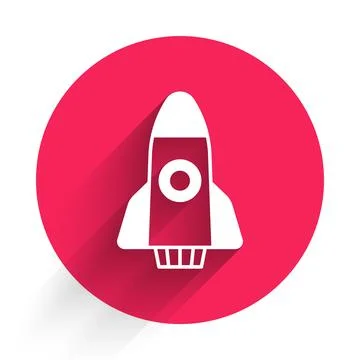 White Rocket ship icon isolated with long shadow background. Space travel. Red Stock Illustration
