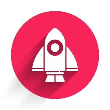 White Rocket ship icon isolated with long shadow. Space travel. Red circle bu Ilustración de archivo