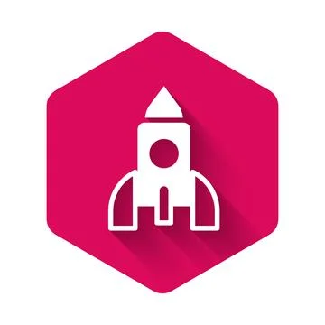 White Rocket ship toy icon isolated with long shadow background. Space travel Stock Illustration