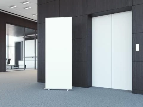 White roll up bunner in modern office lobby. 3d rendering 스톡 일러스트