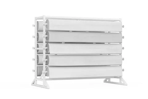 White Rolled Carpet Samples with Carpet Shop Display Rack in Clay Style. 3d.. Stock Illustration