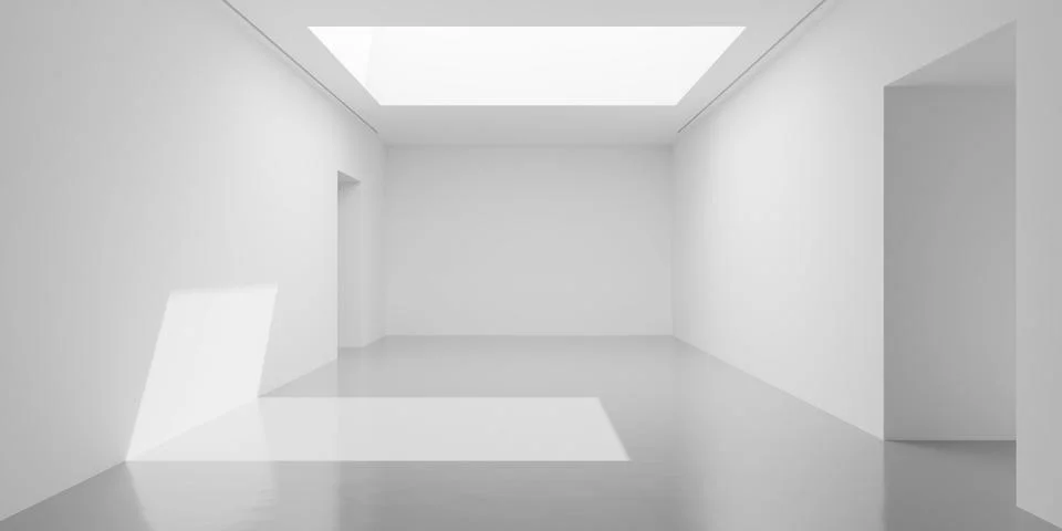 White room background with large square skylight and doorways left and righ.. Stock Illustration