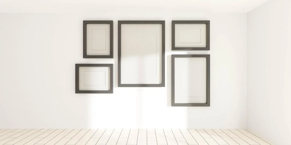 White Room with Four Frames 3D render illustration Illustrazione stock