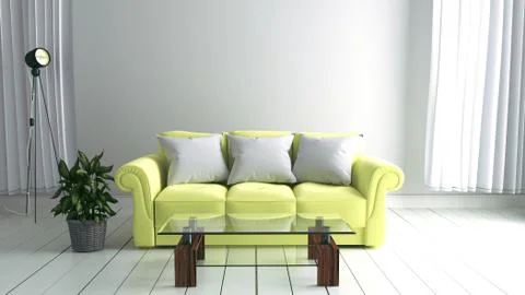 White room interior with Yellow sofa ,lamp and plants on empty white wall bac Stock Illustration