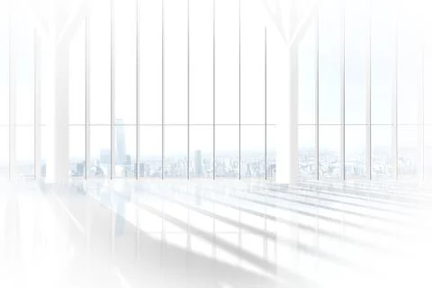 White room with large window overlooking city Stock Illustration