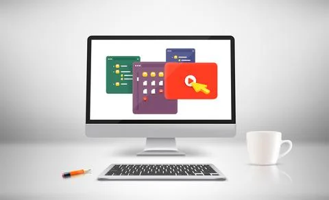 White room with modern computer and windows on the screen. 3d vector illustra Stock Illustration