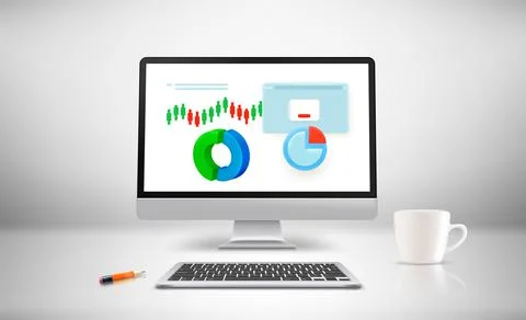 White room with modern computer and charts on the screen. 3d vector illustrat Illustrazione stock