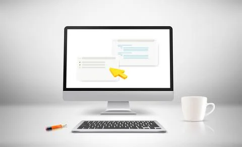 White room with modern computer and windows on the screen. 3d vector illustra Stock Illustration