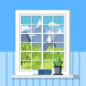 White room plastic window frame with plant in a pot and book on the windowsil Stock Illustration