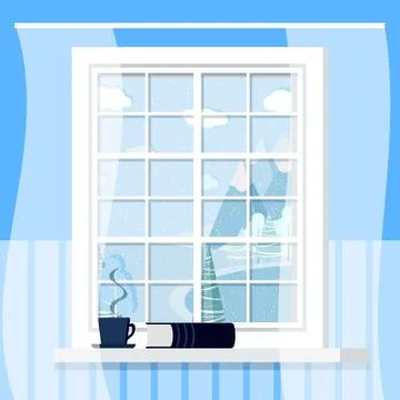 White room plastic window frame with cup and book on the windowsill in flat c Illustrazione stock