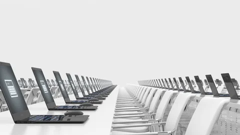 White room with rows of computers. Copy space concept of tables with computers. Vídeo Stock 113334570