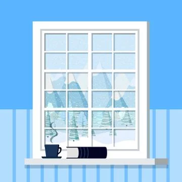 White room window frame with cup and book on the windowsill in cartoon flat s Illustrazione stock