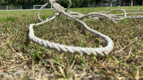 White rope being thrown on grass field sunny day outdoor. Close up shot Stock Footage 292207156
