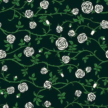 White rose floral seamless pattern with climbing curly flower, green leaf Stock Illustration