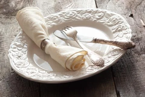White rose patterned table setting Stock Photos