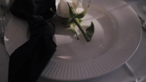 White rose on plate in table decoration at wedding banquet Stock Footage 271145404