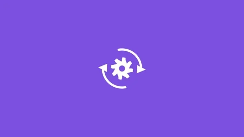 White rotating arrows with a gear icon on a solid violet background Stock Footage 341485441